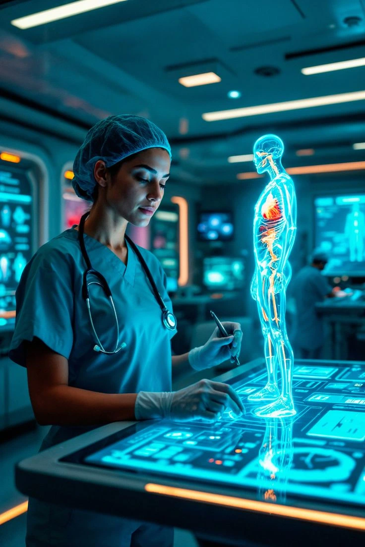 Futuristic clinician interacting with an AI-powered diagnostic interface