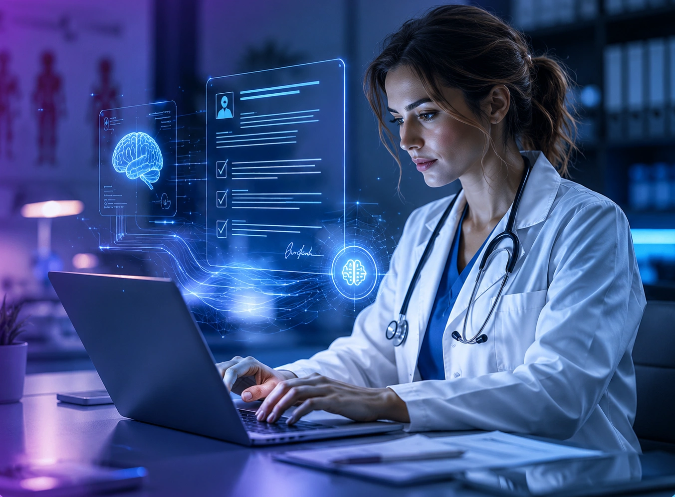 Clinician composing notes at a workstation